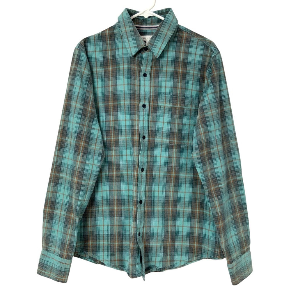Sun + Stone Teal Brown Plaid Flannel Shirt M Button Up Collared Long Sleeve Soft